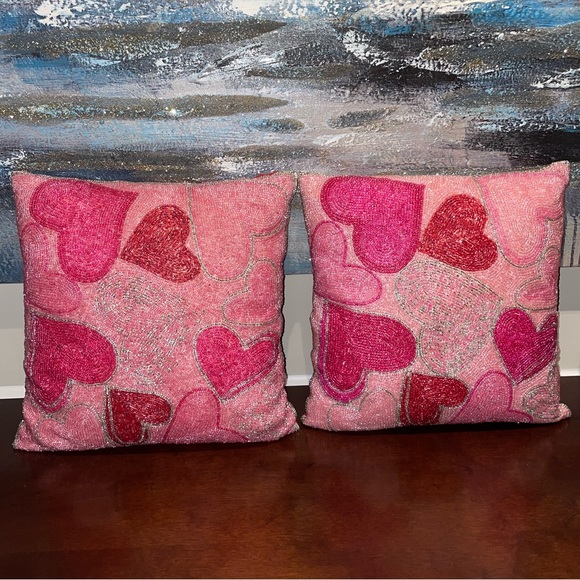 Pier 1 Pink Red Beaded Hearts Pillows - Picture 1 of 9